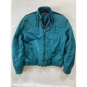 90s Jordache Mens 44 Bomber Jacket Teal Green Vintage Quilted Shoulder Epaulets